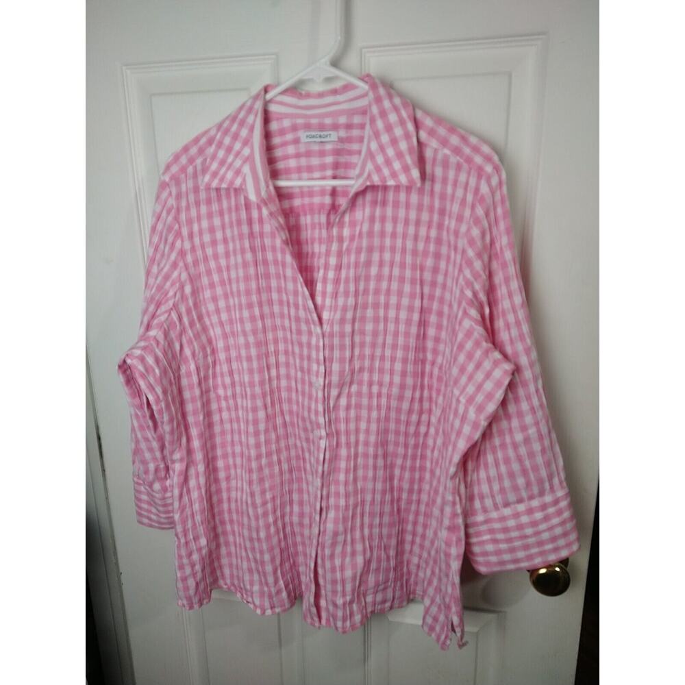 Foxcroft Woman 2X Button Up Pandora Pink White Gingham Cotton Blend